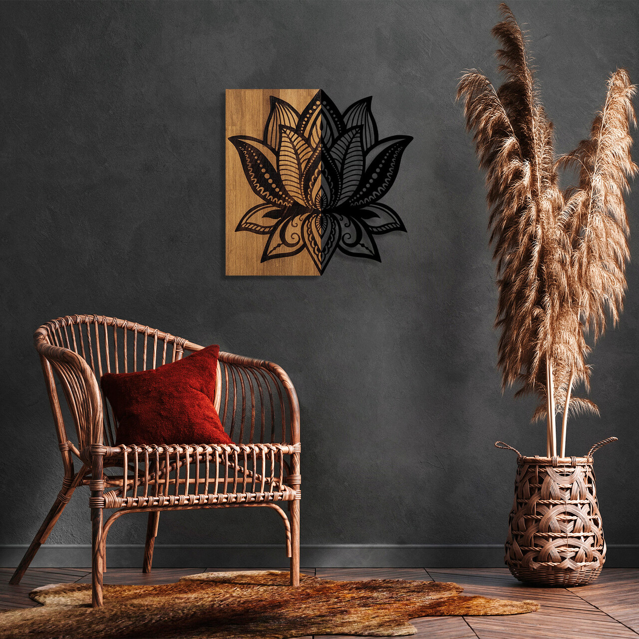 Decoratiune de perete, Lotus 10, Dimensiune: 58 x 59 cm, Nuc / Negru - imagine 7